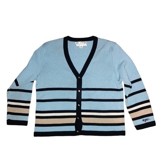 St. John Sport Essentials By Marie Gray Blue Striped Cardigan Sweater